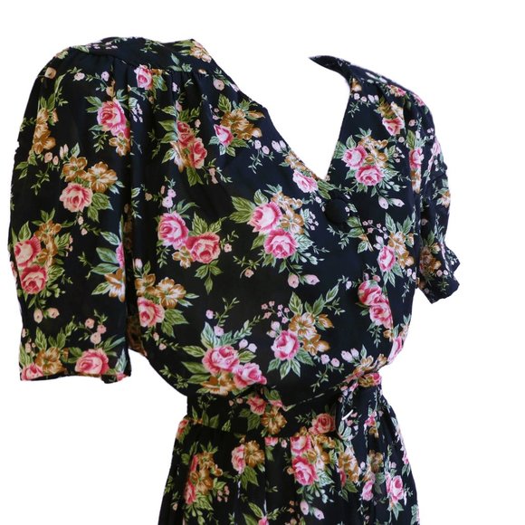 Vintage Cottagecore Leslie Dress Fit Flare Pockets Floral Belt Puff Sleeve USA - Picture 5 of 11